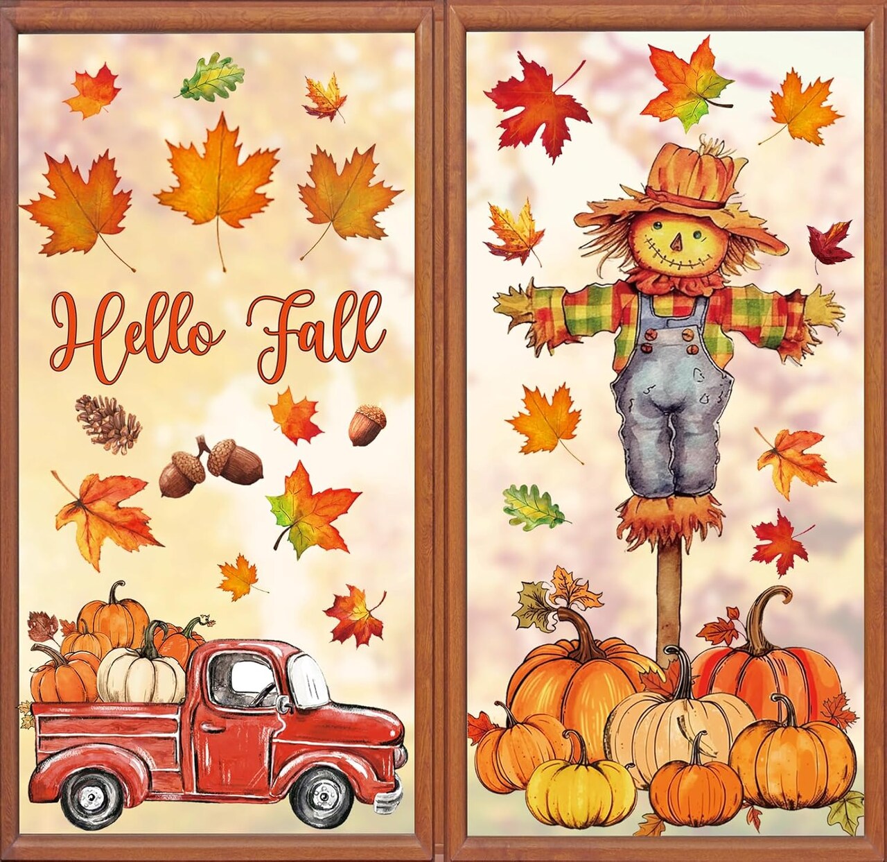 6 Sheets Fall Window Clings Watercolor Truck Pumpkin Maple Leaves